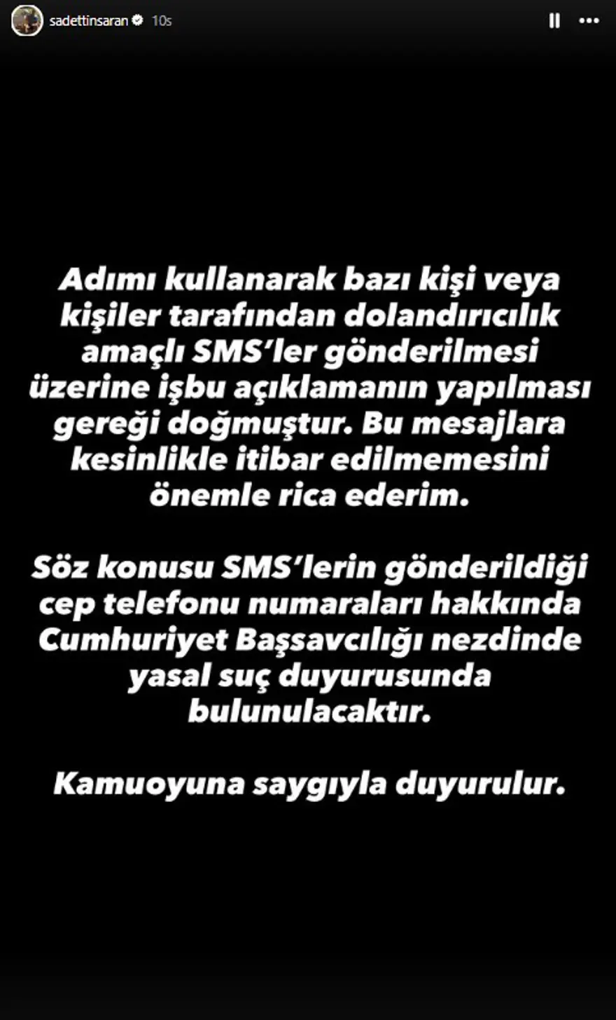 Sadettin Saran'dan Dolandırıcılık Uyarısı