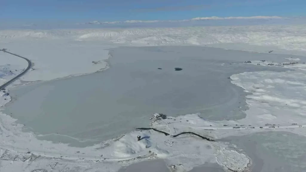 Tödürge Gölü, soğuk havalarla tamamen buzla kaplandı